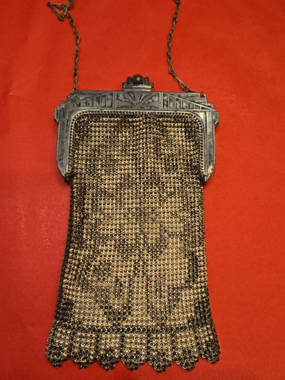 Whiting Davis Mesh Purse Art Deco Flapper 1920's Sunburst Clasp Clover ? Design - Picture 9 of 9
